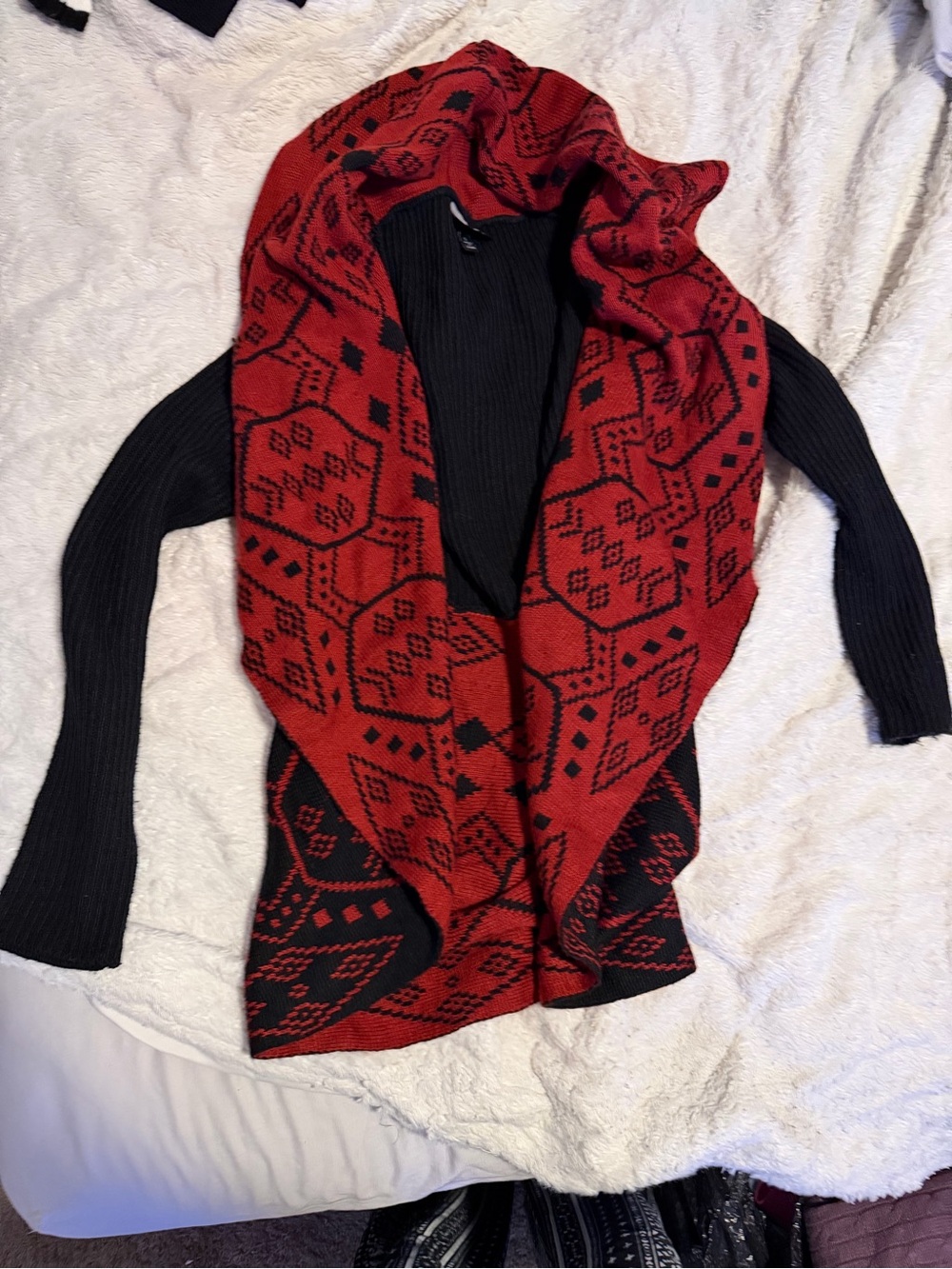 Allison Brittney Red and Black Open-Front Knit Poncho Cardigan